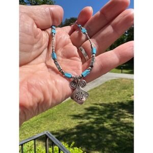 Sterling Silver Turquoise Beaded Necklace 16" Southwestern Floral Spiral Pendant